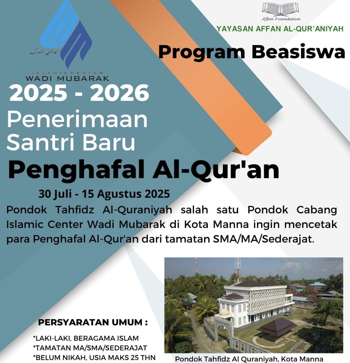 Terima Santri dari Seluruh Indonesia, Pondok Tahfidz Al-Qur’aniyah BS Buka Beasiswa hingga 15 Agustus