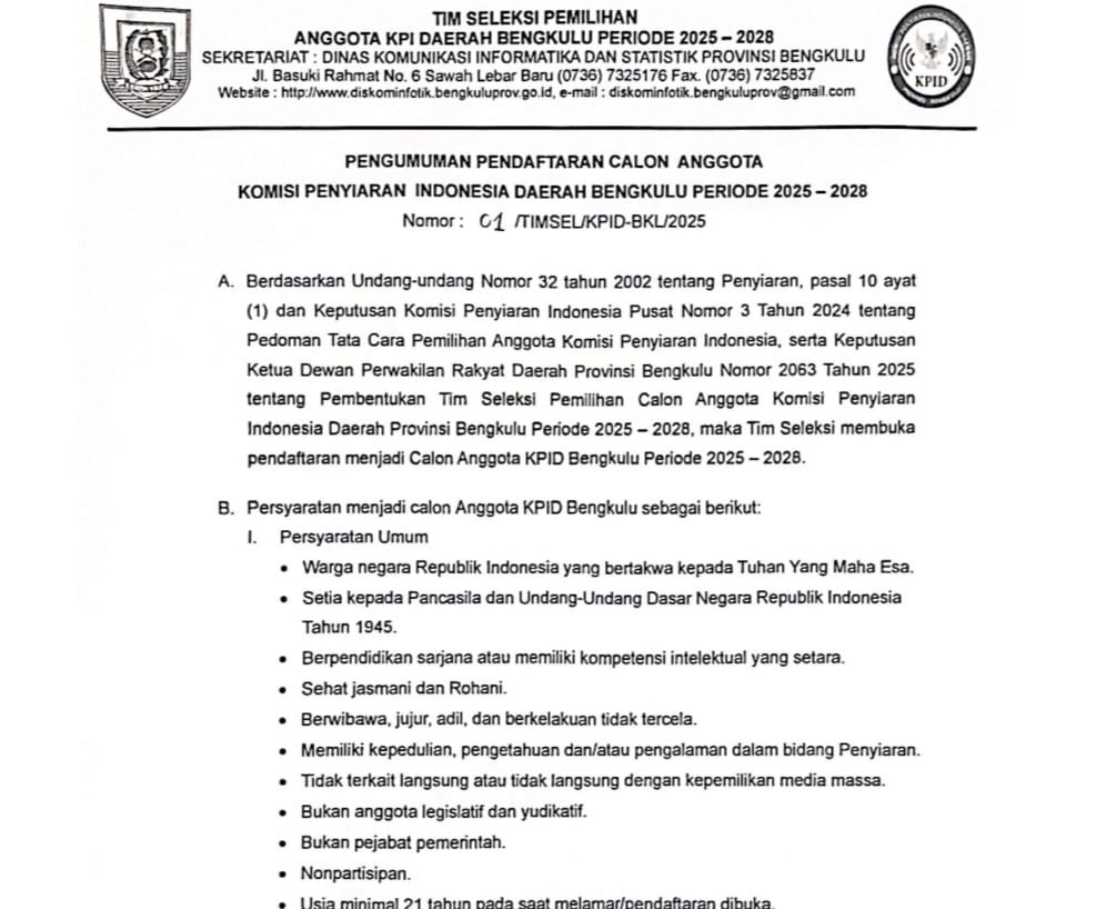 Tahapan Seleksi Calon Komisioner KPID Bengkulu Periode 2025–2028 Dimulai, Berikut Persyaratan dan Jadwalnya 