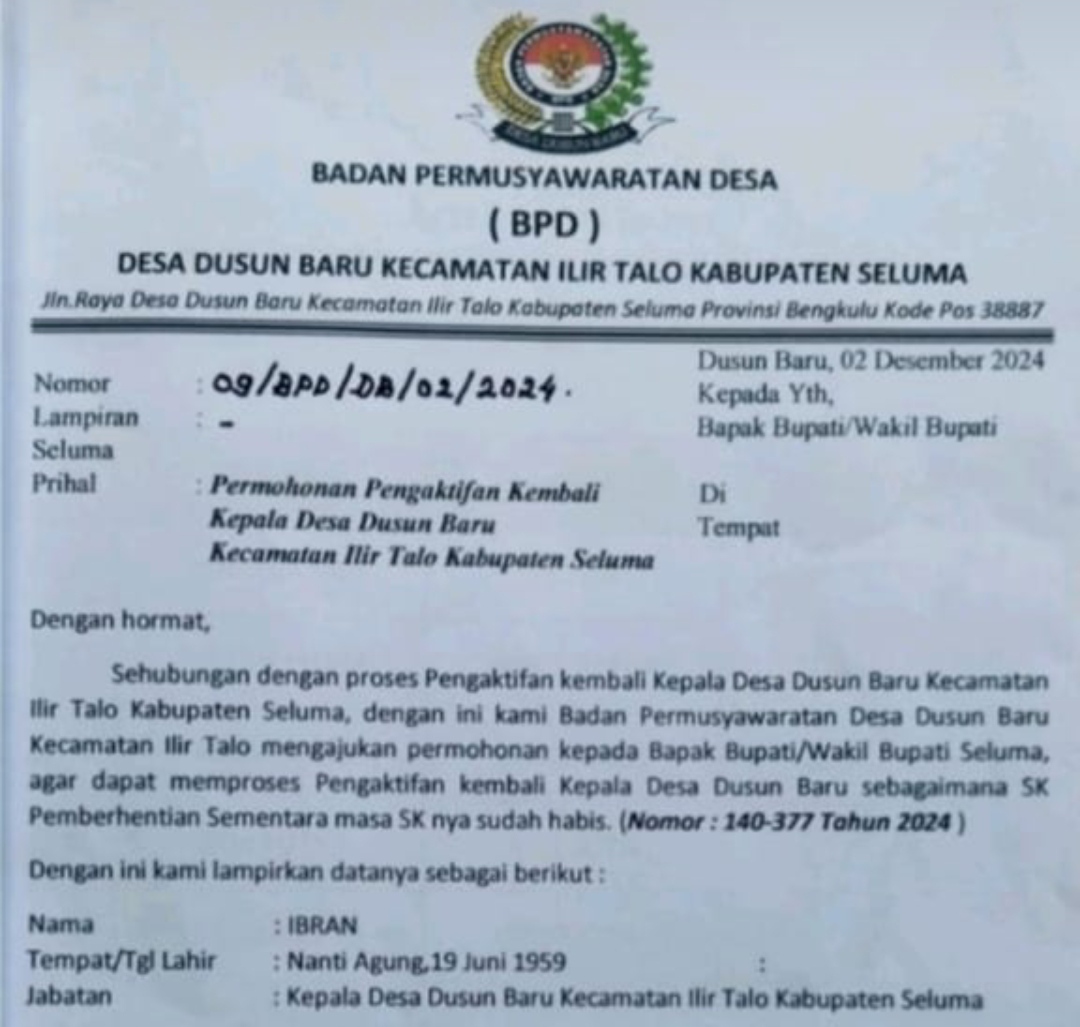 BPD Dusun Baru Minta Kades Ibran Diaktifkan Kembali, Namun Masyarakat Menolak