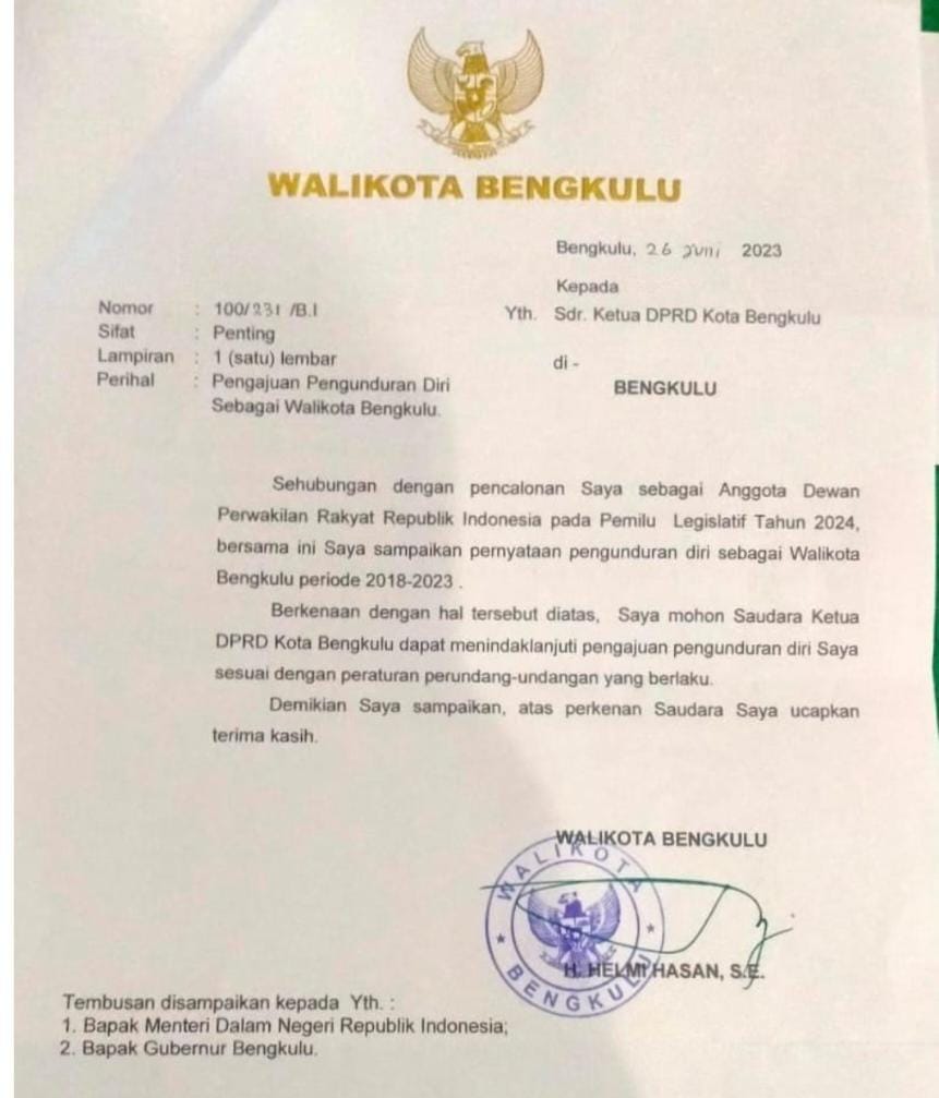 Ketua DPRD Kota Akui sudah Terima Surat Pengunduran Diri Walikota Bengkulu