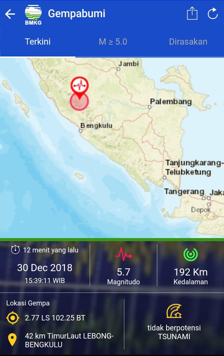 Gempa 5,7 M Guncang Bengkulu