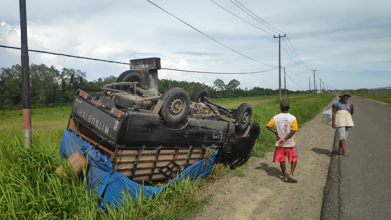 Pick-up Bermuatan Jeruk Terguling di Jalan Lintas Mukomuko-Sumbar