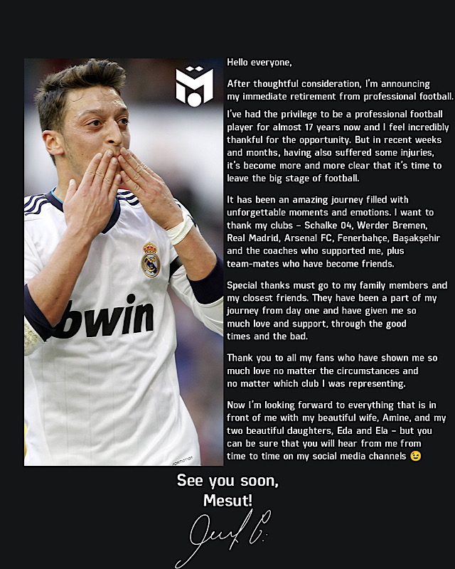 Mesut Ozil Umumkan Pensiun dari Sepak Bola