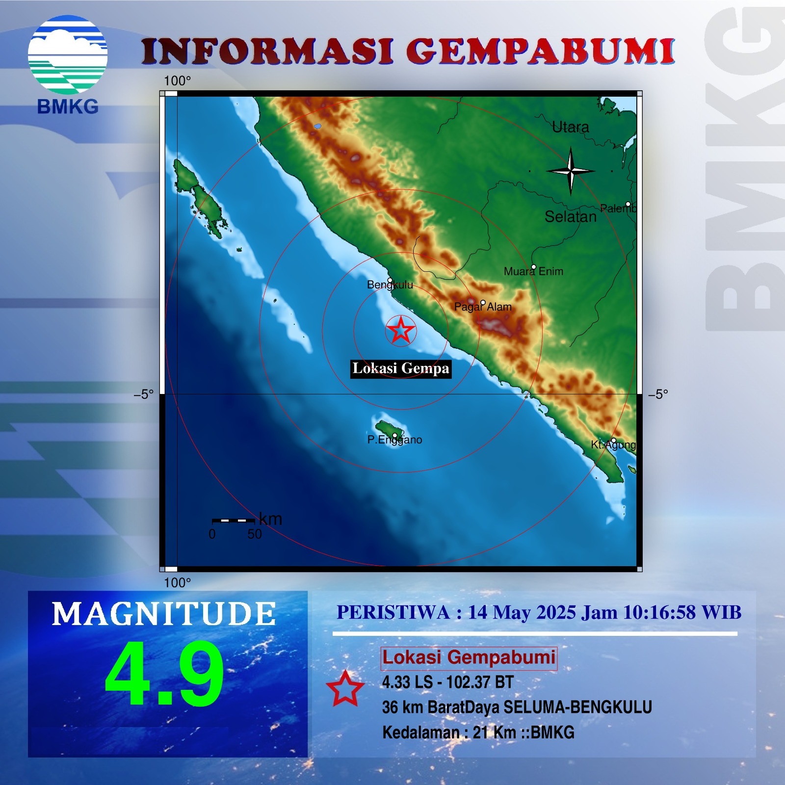 Gempa M 4,9 Guncang Seluma Bengkulu, BMKG: Belum Ada Aktivitas Susulan