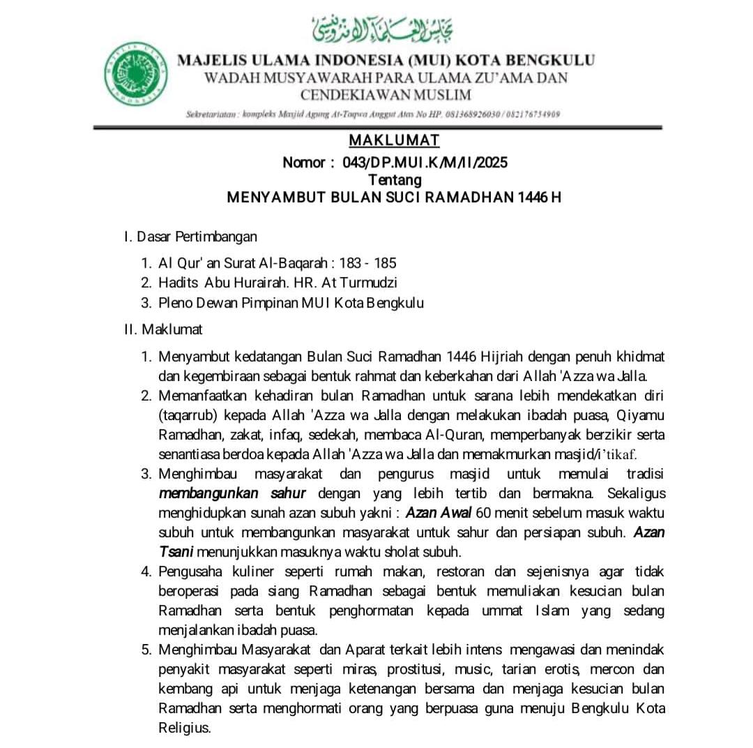 MUI Kota Bengkulu Keluarkan Maklumat Menyambut Ramadhan 1446 Hijriah