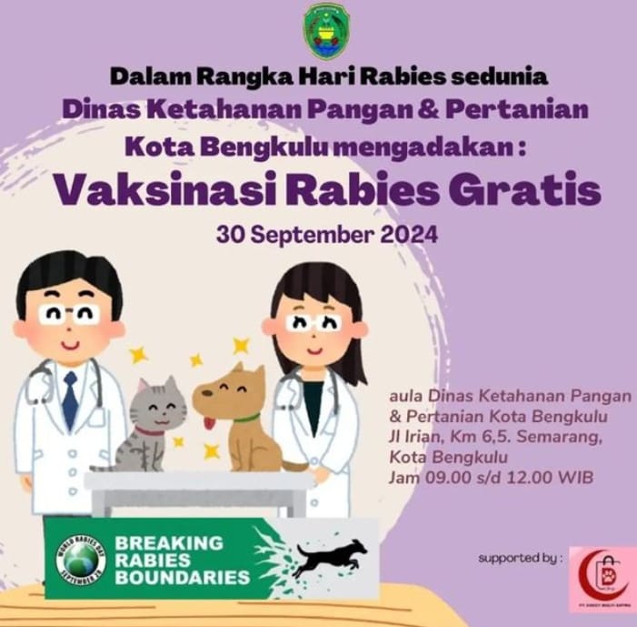 Vaksinasi Rabies Gratis Digelar Besok di Kantor DKPP Kota Bengkulu, Tersedia 500 Dosis