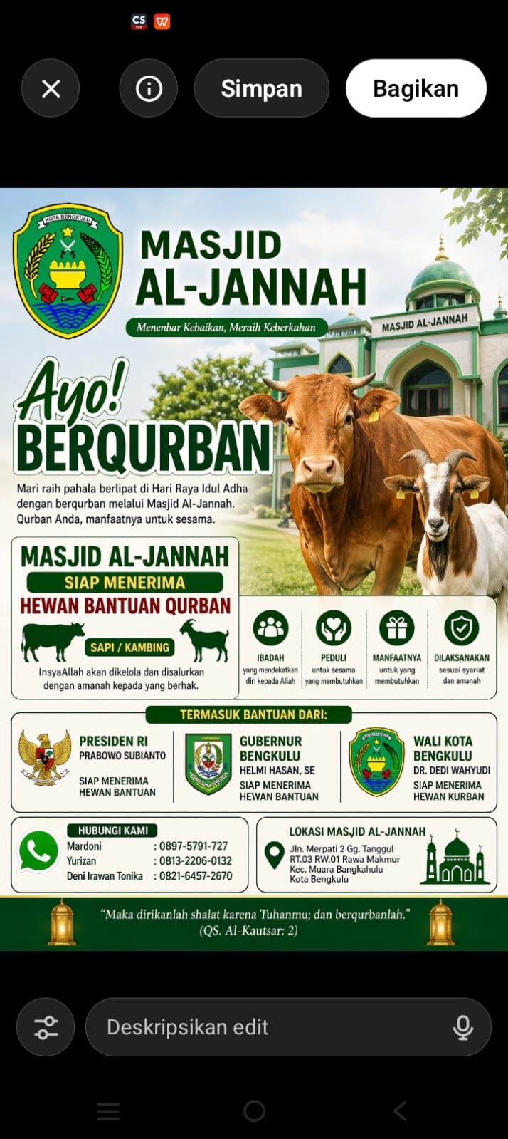 Idul Adha 1447 H: Masjid Al-Jan ah Bengkulu Buka Pendaftaran dan Layanan Jemput Hewan Kurban