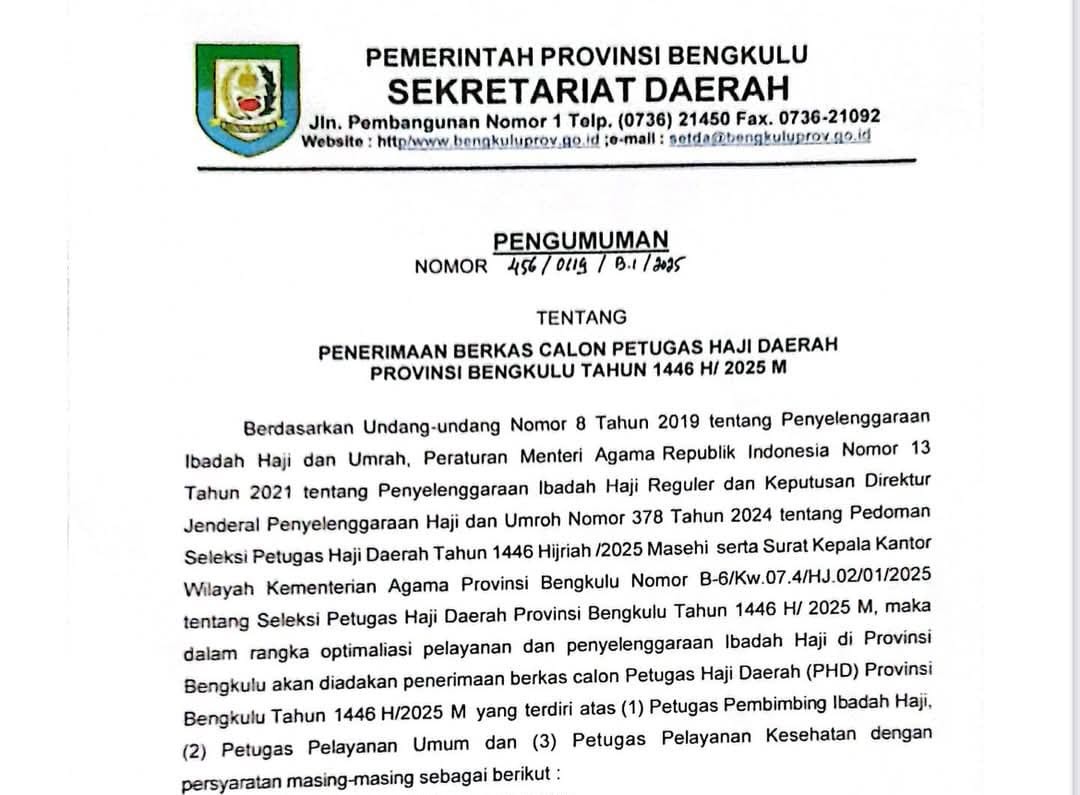 Pemprov Bengkulu Umumkan Perekrutan Petugas Haji Daerah, Berikut Kuota dan Kriterianya