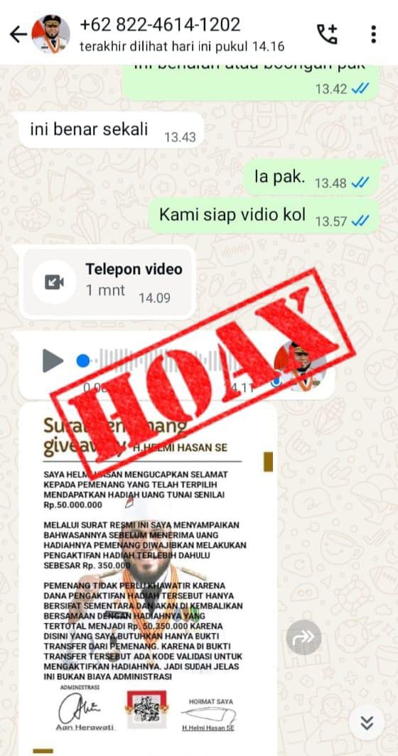 Penipuan Mengatasnamakan Gubernur Helmi Hasan Kembali Beredar, Ini Faktanya 