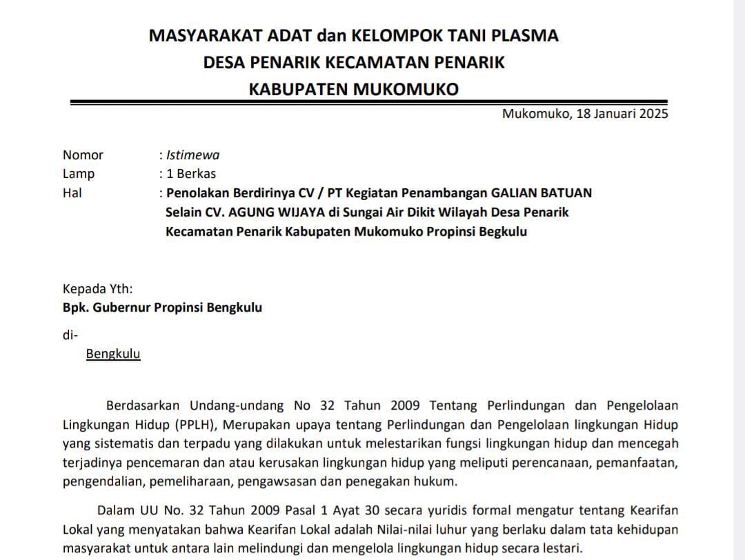 Masyarakat Adat Desa Penarik Mukomuko Minta Dinas ESDM Bengkulu Hentikan Izin Tambang Galian C