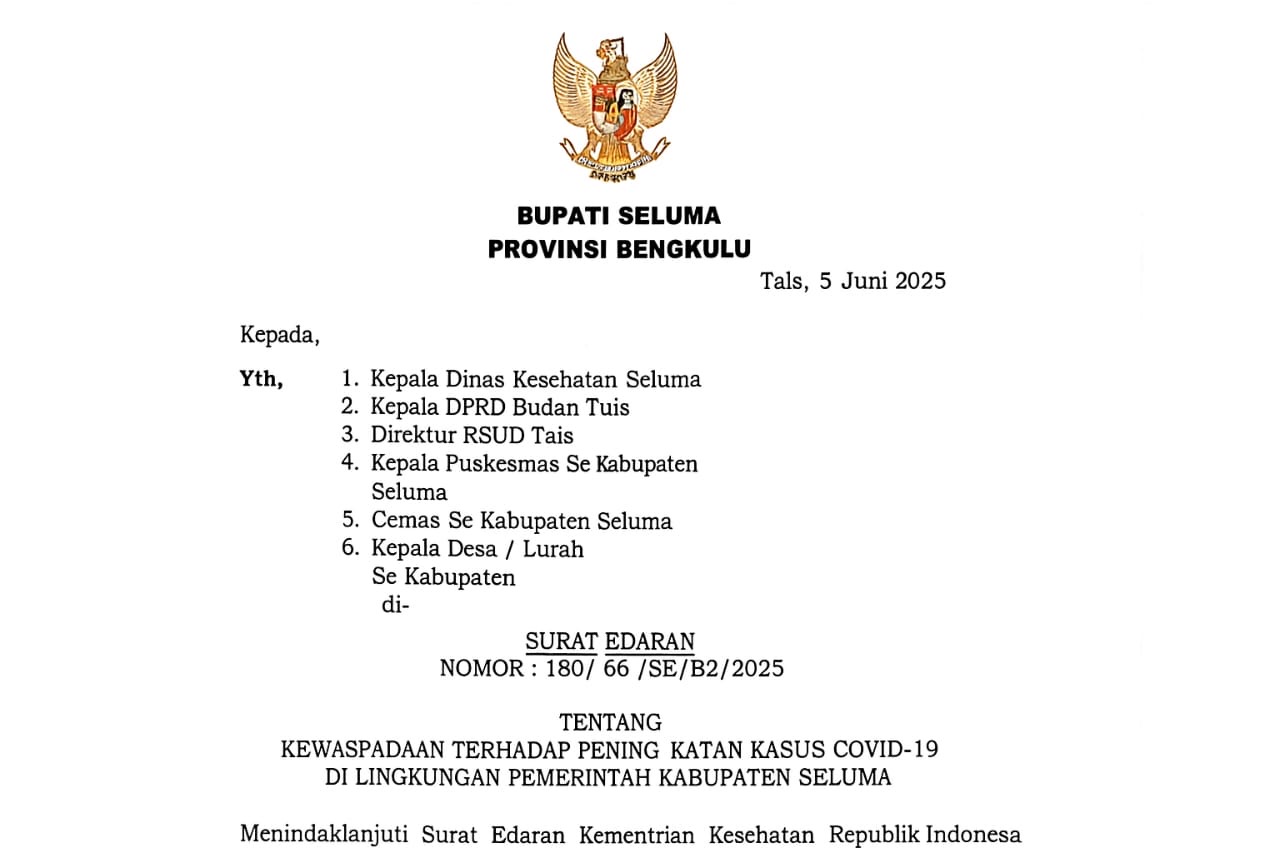 Pemkab Seluma Imbau Warga Waspada Covid-19, Terbitkan Surat Edaran