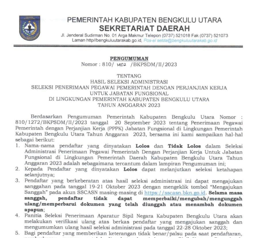 Hasil Seleksi Administrasi PPPK Bengkulu Utara, 514 Pendaftar Tak Memenuhi Syarat