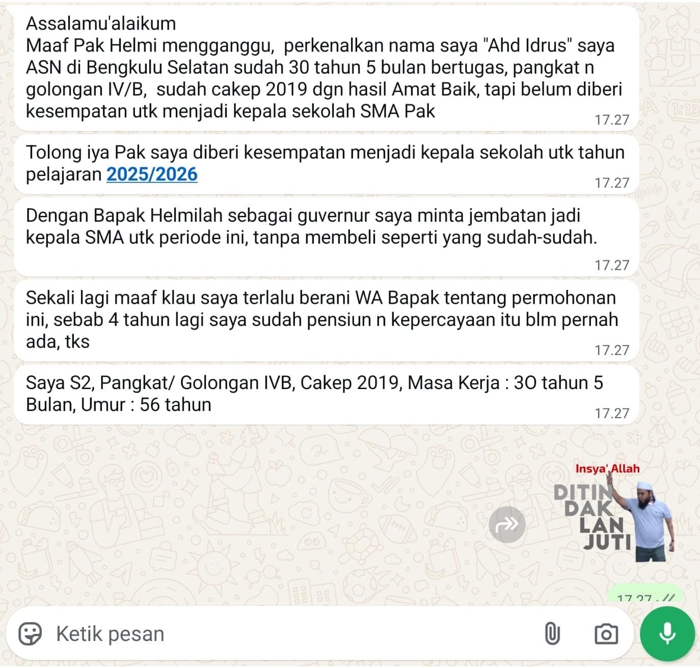 ASN Bengkulu Selatan Nekat Minta Jabatan Kepsek ke Gubernur via Whatsapp, Ternyata Ini Alasannya