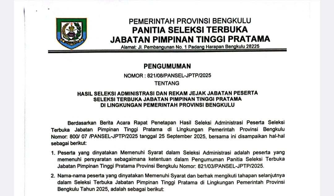 Daftar Peserta Lolos Administrasi Lelang Jabatan Eselon II Pemprov Bengkulu, Ada Eks Pejabat Nonjob 