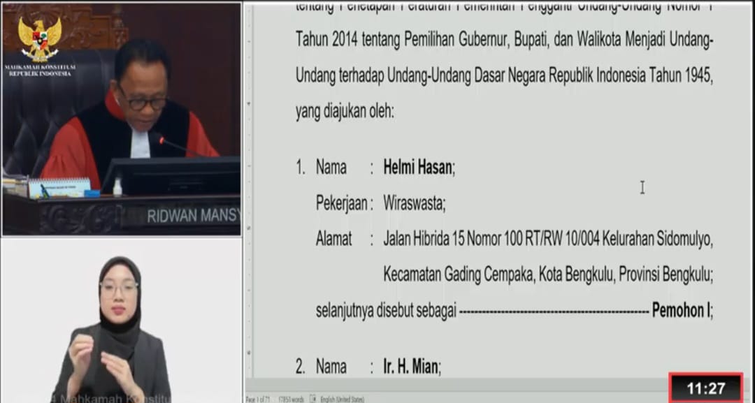 MK Tolak Uji Materi UU 10/2016 Tentang Masa Jabatan Kepala Daerah oleh Tim Hukum Helmi-Mian 