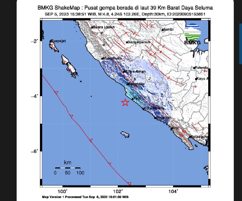 BREAKING NEWS: Gempa Magnitudo 4.8 Guncang Kota Bengkulu Sore Ini