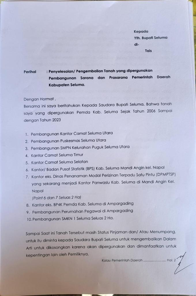 Ujang Puguk Minta Pemkab Seluma Kembalikan Aset Tanah Miliknya, Berikut Daftarnya