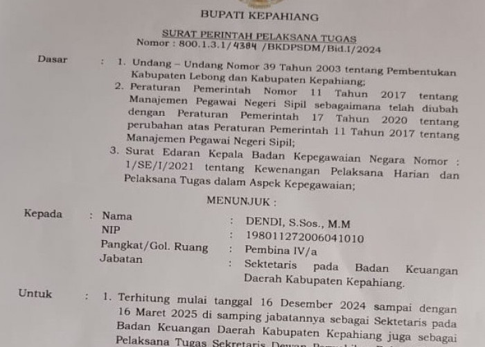 Bupati Tunjuk Dendi Jabat Plt Sekretaris DPRD Kepahiang