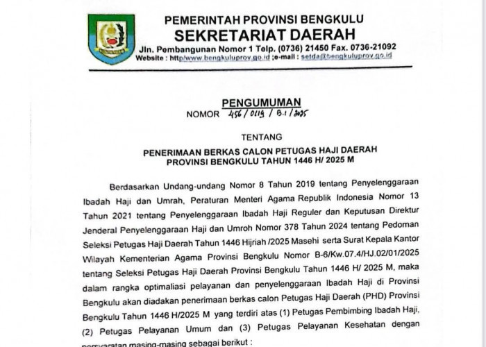 Pemprov Bengkulu Umumkan Perekrutan Petugas Haji Daerah, Berikut Kuota dan Kriterianya