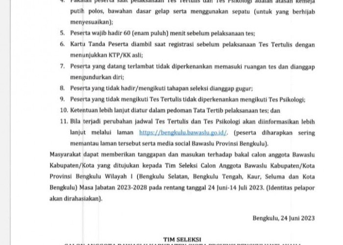 285 Calon Anggota Bawaslu Kabupaten/Kota di Bengkulu Lulus Administrasi, Tes Tertulis Mulai 26 Juni