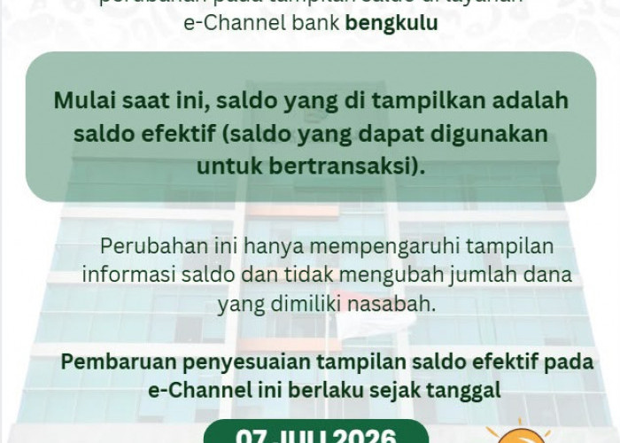 Bank Bengkulu Perbarui Tampilan Saldo di e-Channel, Kini Menampilkan Saldo Efektif untuk Transaksi Nasabah