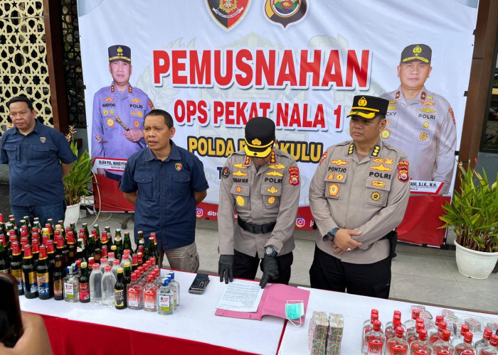 Polda Bengkulu Musnahkan 3.018 Botol Miras dan Narkotika Hasil Ops Pekat Nala I 2026
