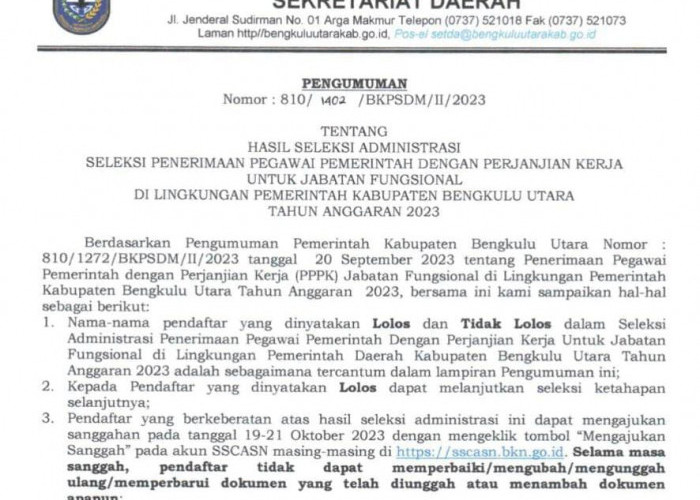 Hasil Seleksi Administrasi PPPK Bengkulu Utara, 514 Pendaftar Tak Memenuhi Syarat