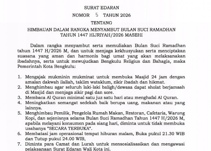 Sambut Bulan Puasa, Pemkot Bengkulu Instruksikan Masjid Selalu Terbuka dan Batasi Hiburan Malam