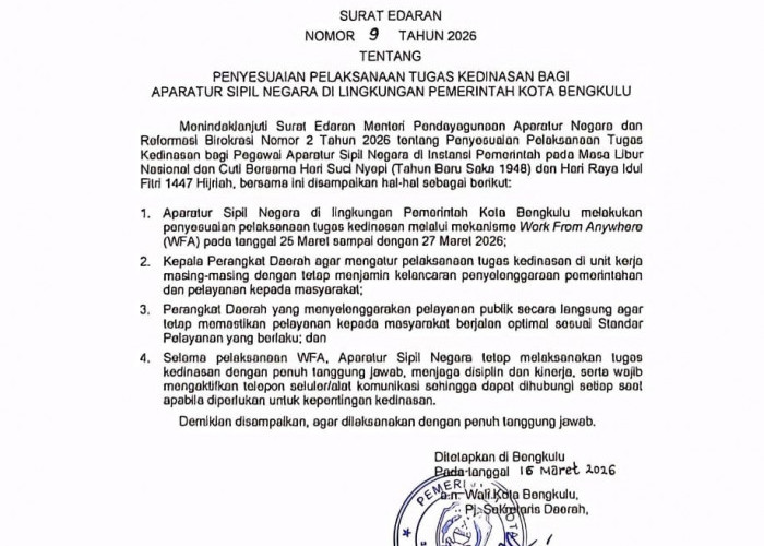 Pemkot Bengkulu Resmi Terapkan Sistem WFA bagi ASN Mulai 25-27 Maret