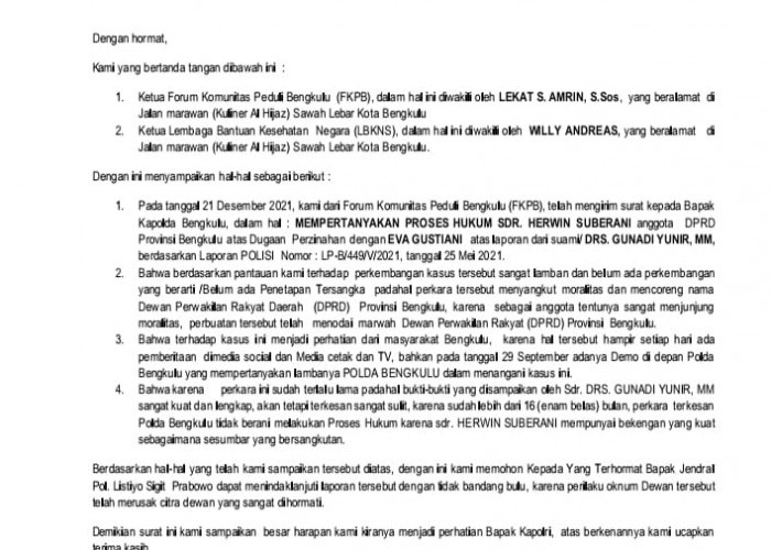 Anggota DPRD Provinsi Bengkulu Bersurat ke Polri, Ini Tuntutannya...