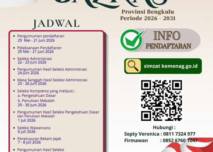 Catat Tanggalnya! Seleksi Calon Pimpinan Baznas Provinsi Bengkulu Dibuka hingga 21 Juni 2026