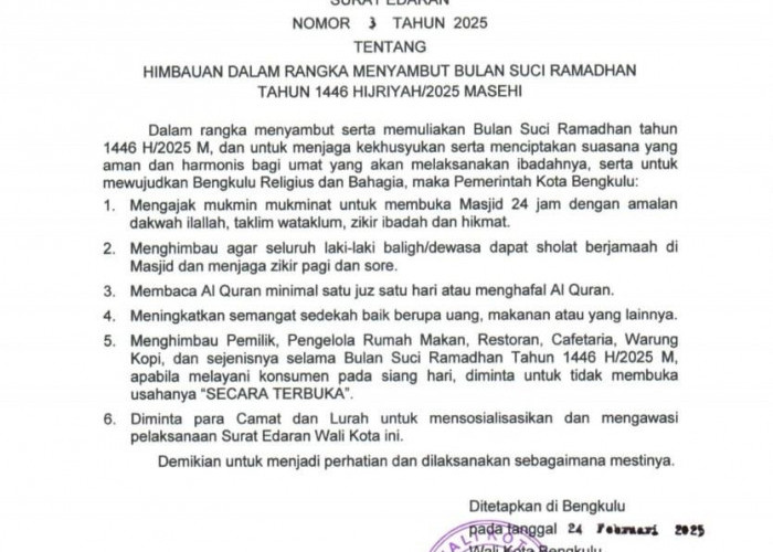 Walikota Bengkulu Terbitkan Surat Edaran Sambut Bulan Ramadan